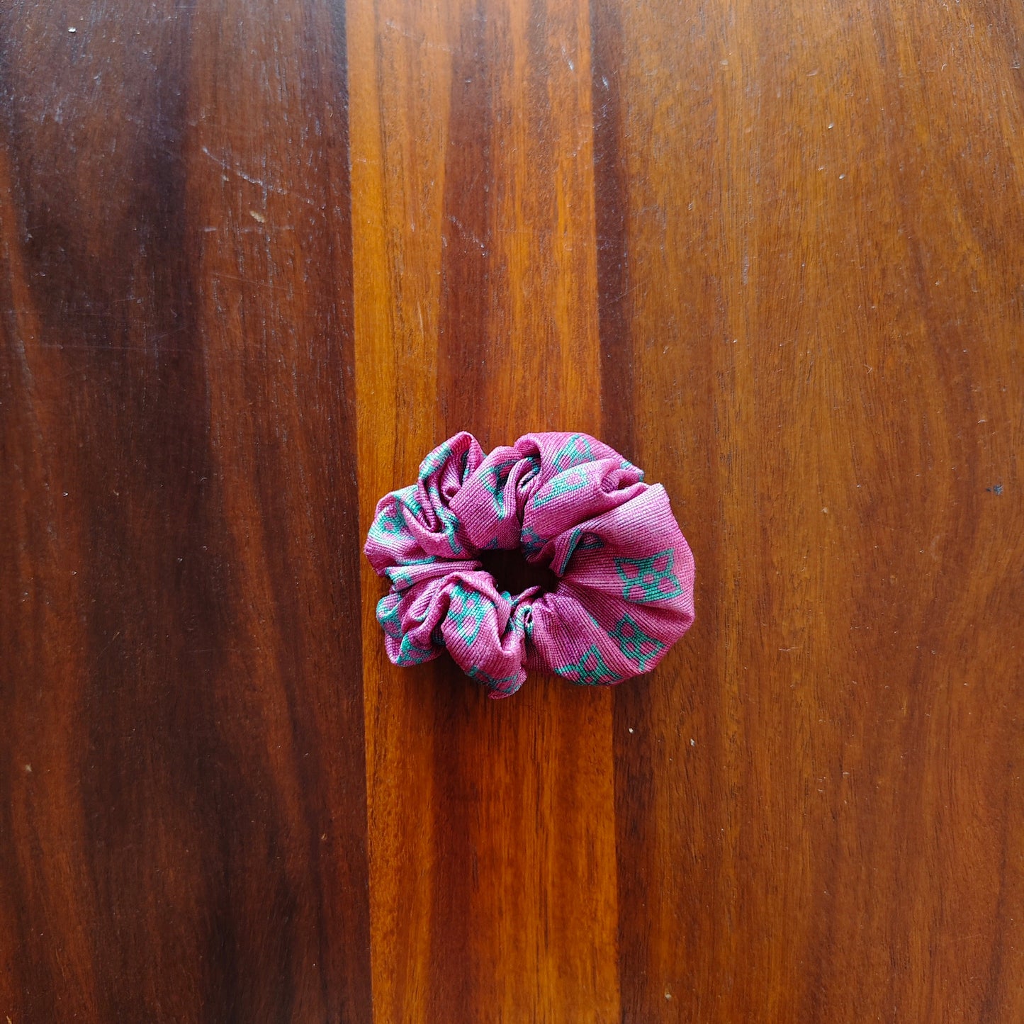 Prelo small pink scrunchie with teal pattern