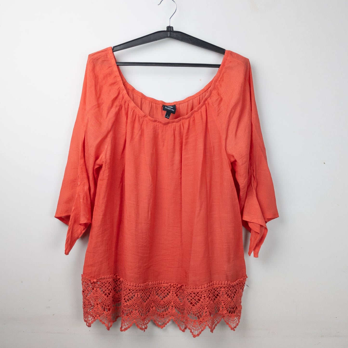 Coral Scoop Neck Blouse with Lace Hem