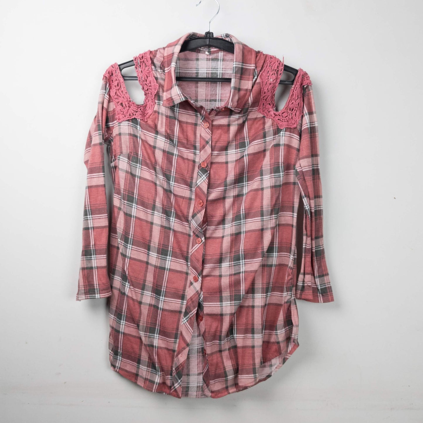 Cold Shoulder Plaid Shirt with Lace Detail