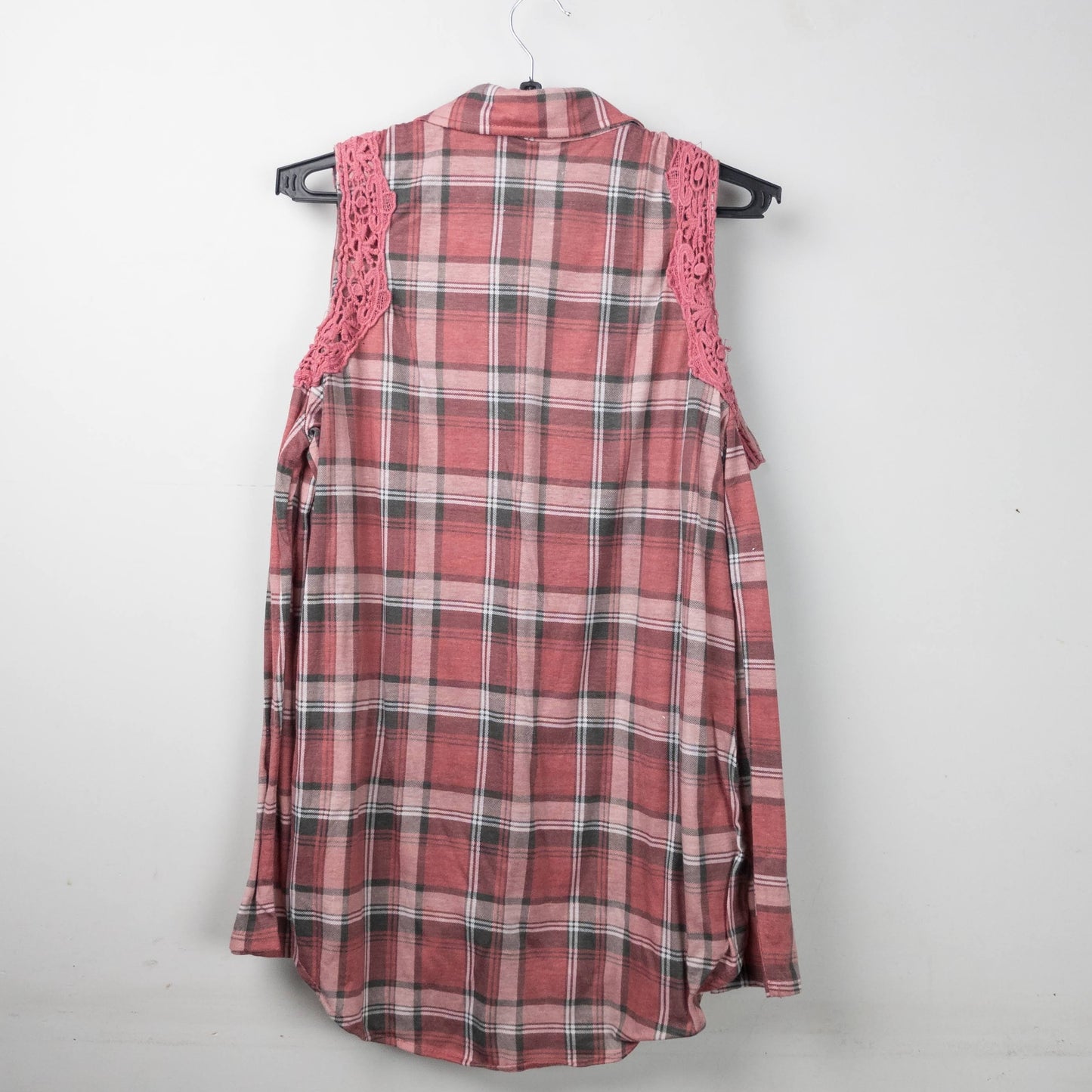 Cold Shoulder Plaid Shirt with Lace Detail