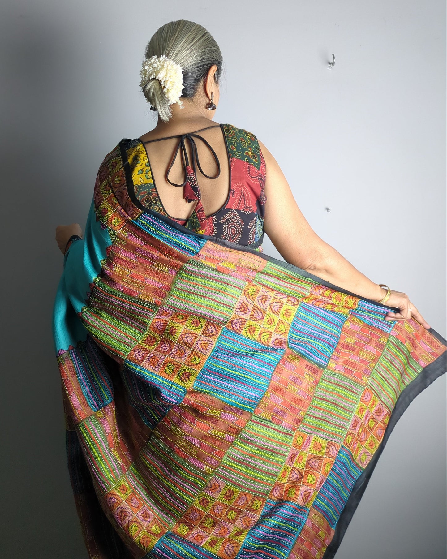 Blue Tussar Kantha Saree