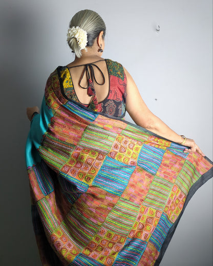 Blue Tussar Kantha Saree