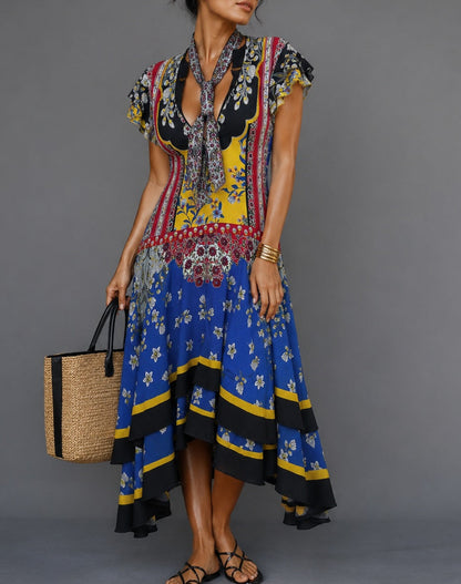 Woman wearing a colorful dress with a patterned scarf, holding a straw bag against a gray background