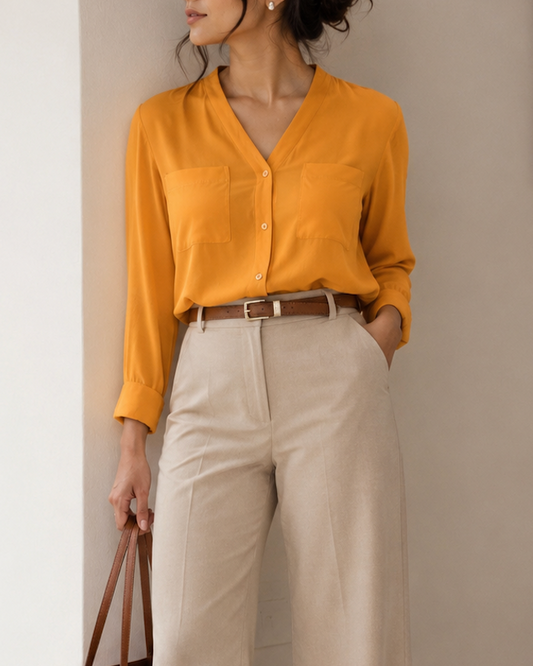 Woman in mustard yellow shirt and beige pants holding a brown bag indoors.