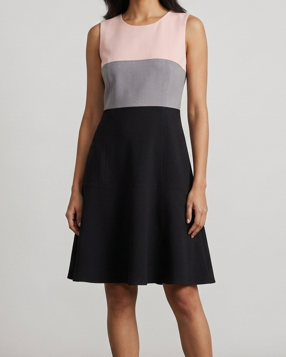Woman wearing a two-tone dress with a plain background