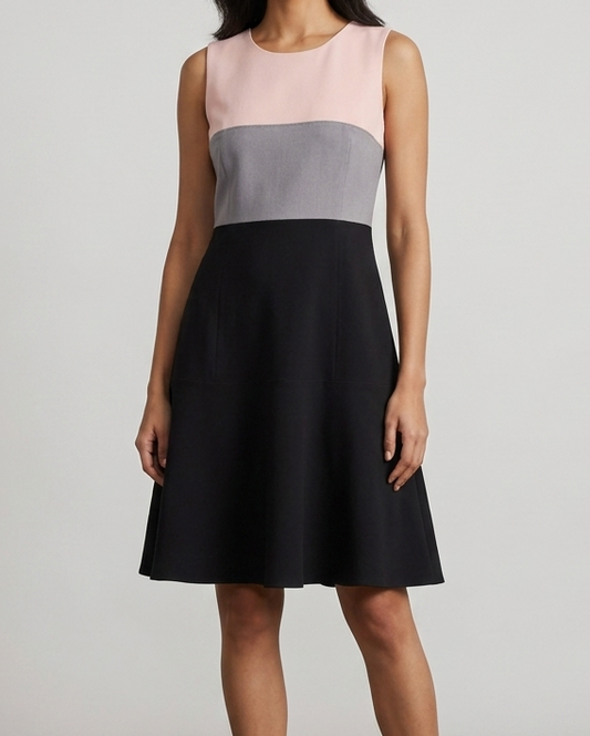 Woman wearing a two-tone dress with a plain background