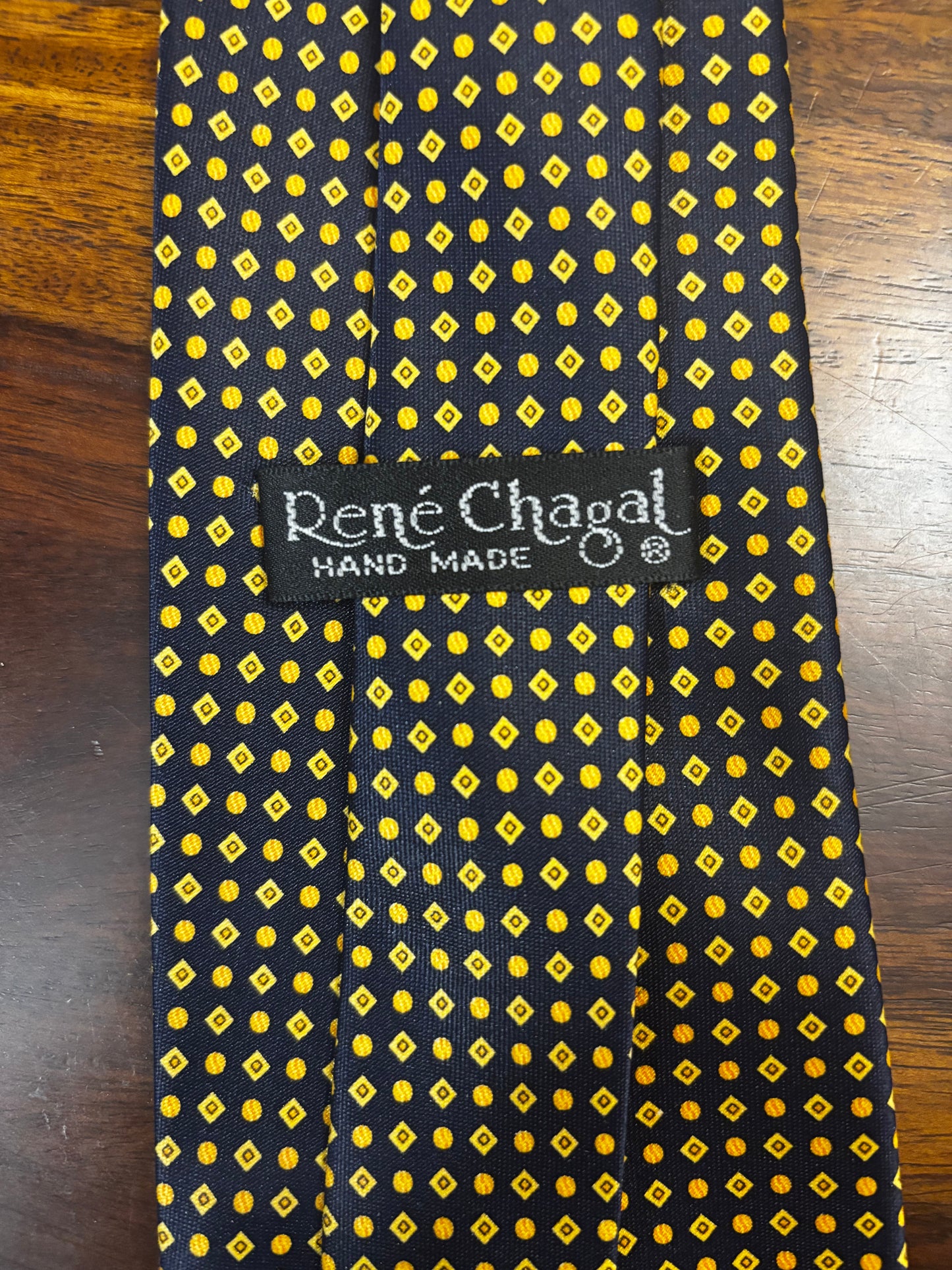 Vintage René Chagal Handmade Silk Tie – Navy & Gold Dot