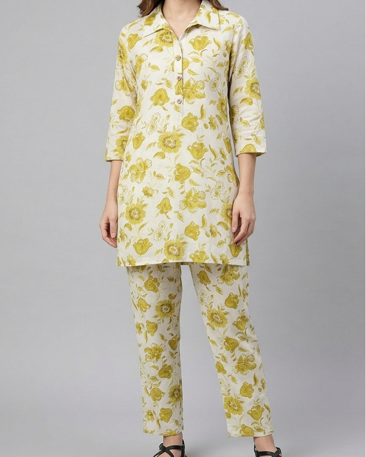 Woman wearing a yellow floral outfit on a gray background
