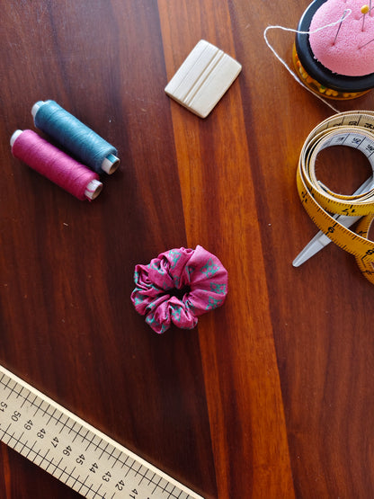 Prelo small pink scrunchie with teal pattern