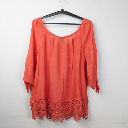 Coral Scoop Neck Blouse with Lace Hem