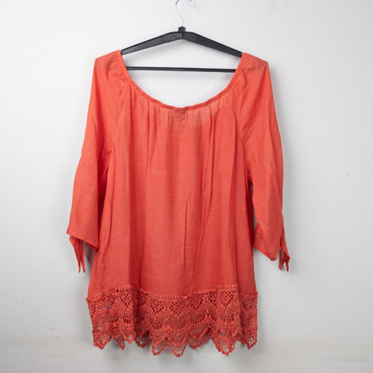 Coral Scoop Neck Blouse with Lace Hem