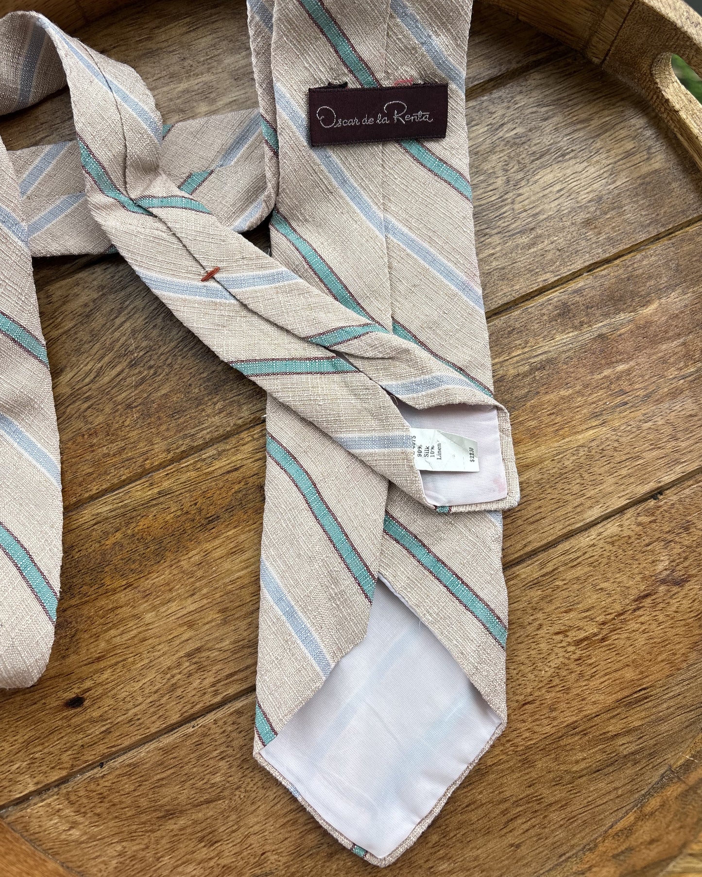 Oscar De Le Renta Beige Striped Linen Silk Necktie