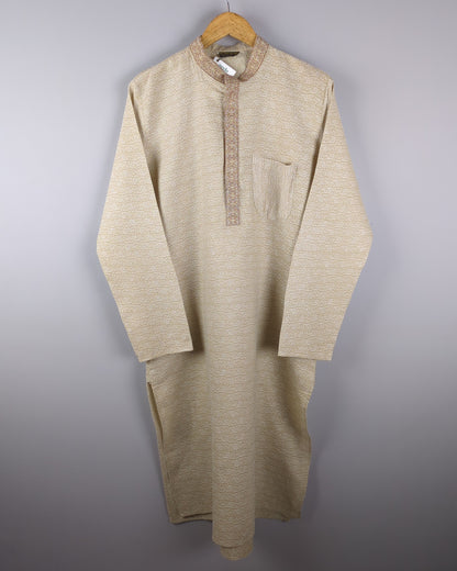 men's beige kurta with self pattern in fabric front side of the kurta