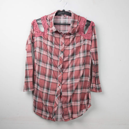 Cold Shoulder Plaid Shirt with Lace Detail