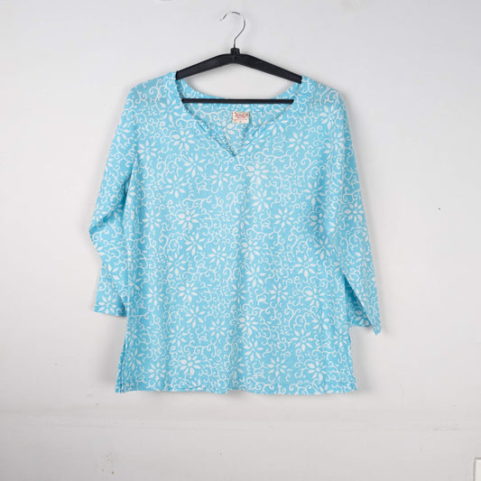 Light Blue Printed V-Neck Short Kurti