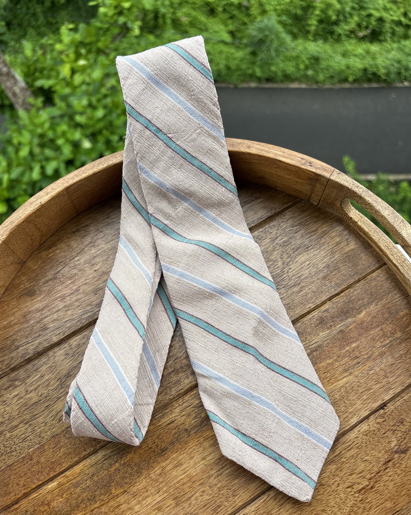 Oscar De Le Renta Beige Striped Linen Silk Necktie