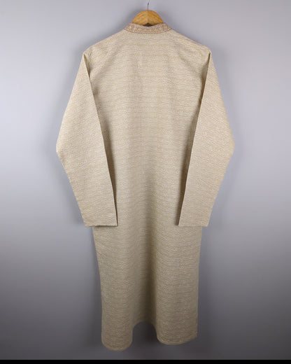 men's beige kurta with self pattern in fabric - backside of the kurta