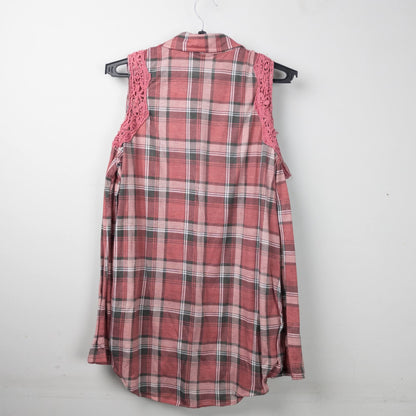 Cold Shoulder Plaid Shirt with Lace Detail