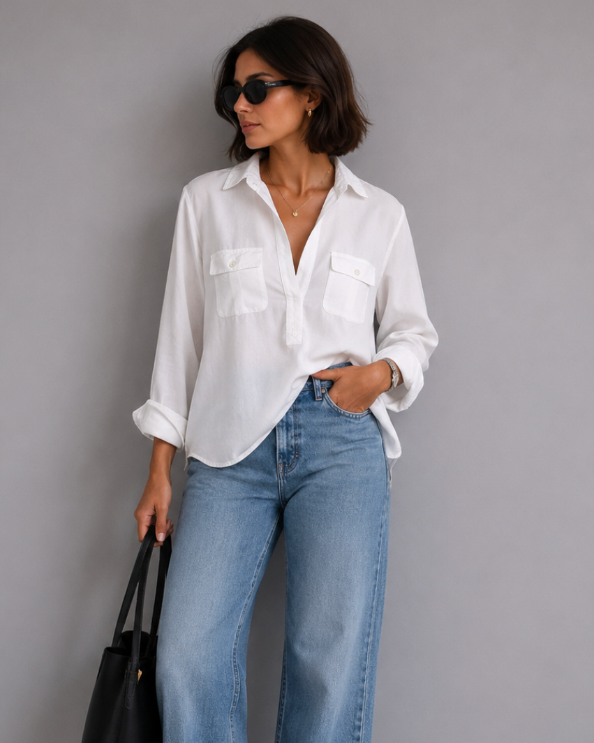 Woman wearing a white shirt and blue jeans, holding a black handbag against a gray background