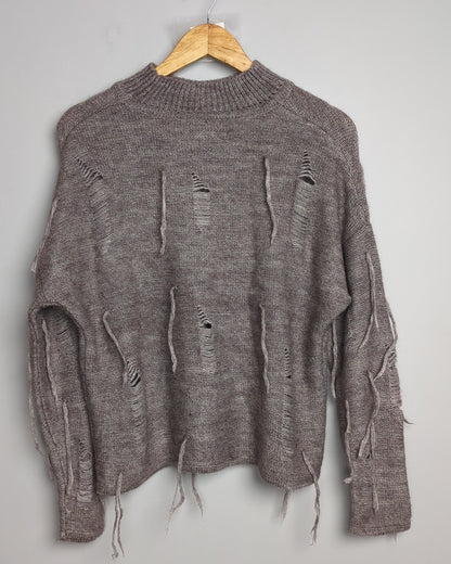 Zhashi Gray Distressed Sweater