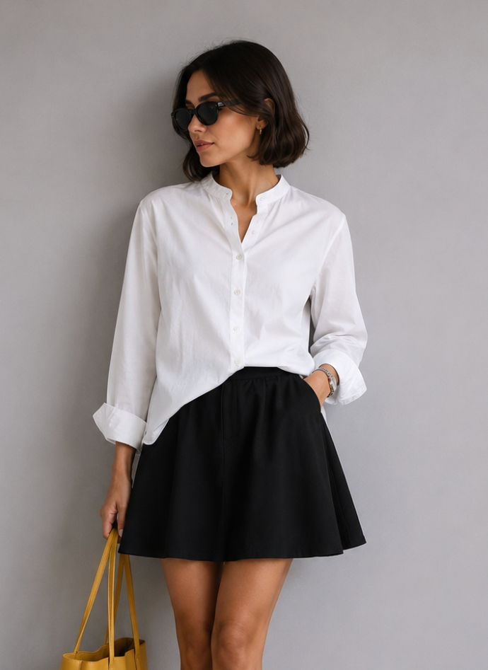 Woman wearing a white shirt, black skirt, and holding a yellow bag against a gray background